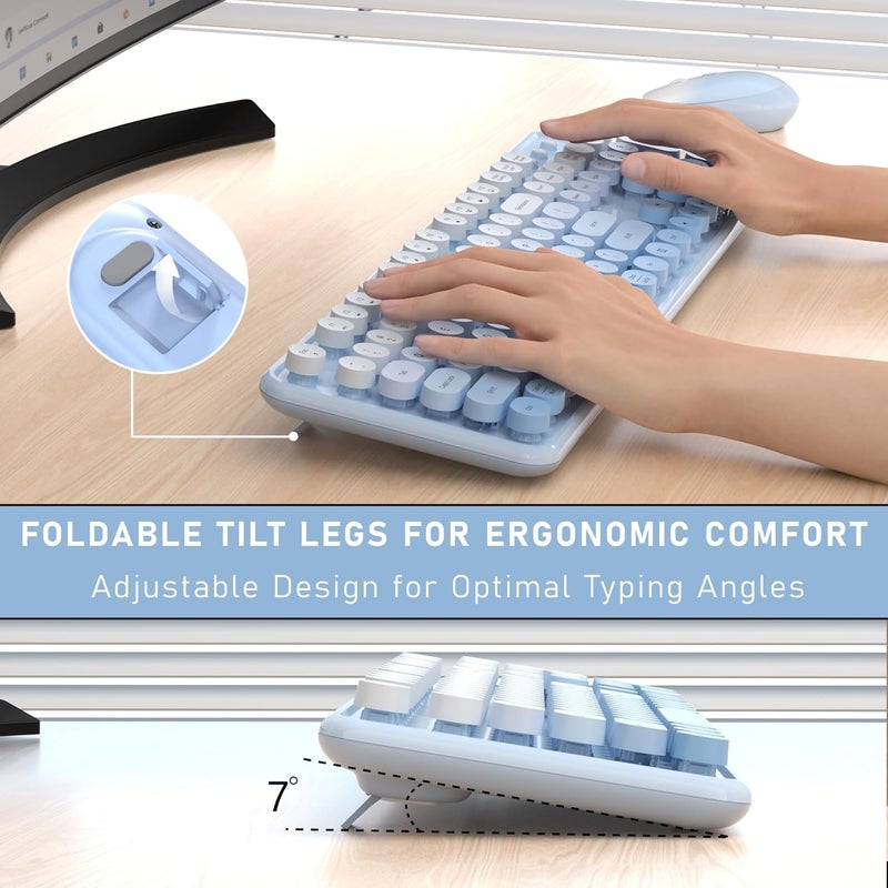 Links9+ Wireless Keyboard and Mouse, Full-Size Retro Typewriter Keyboard with Round Keycaps, 2.4GHz for Windows, Mac, Laptop, PC, Desktop (Blue Gradient) - Image 5